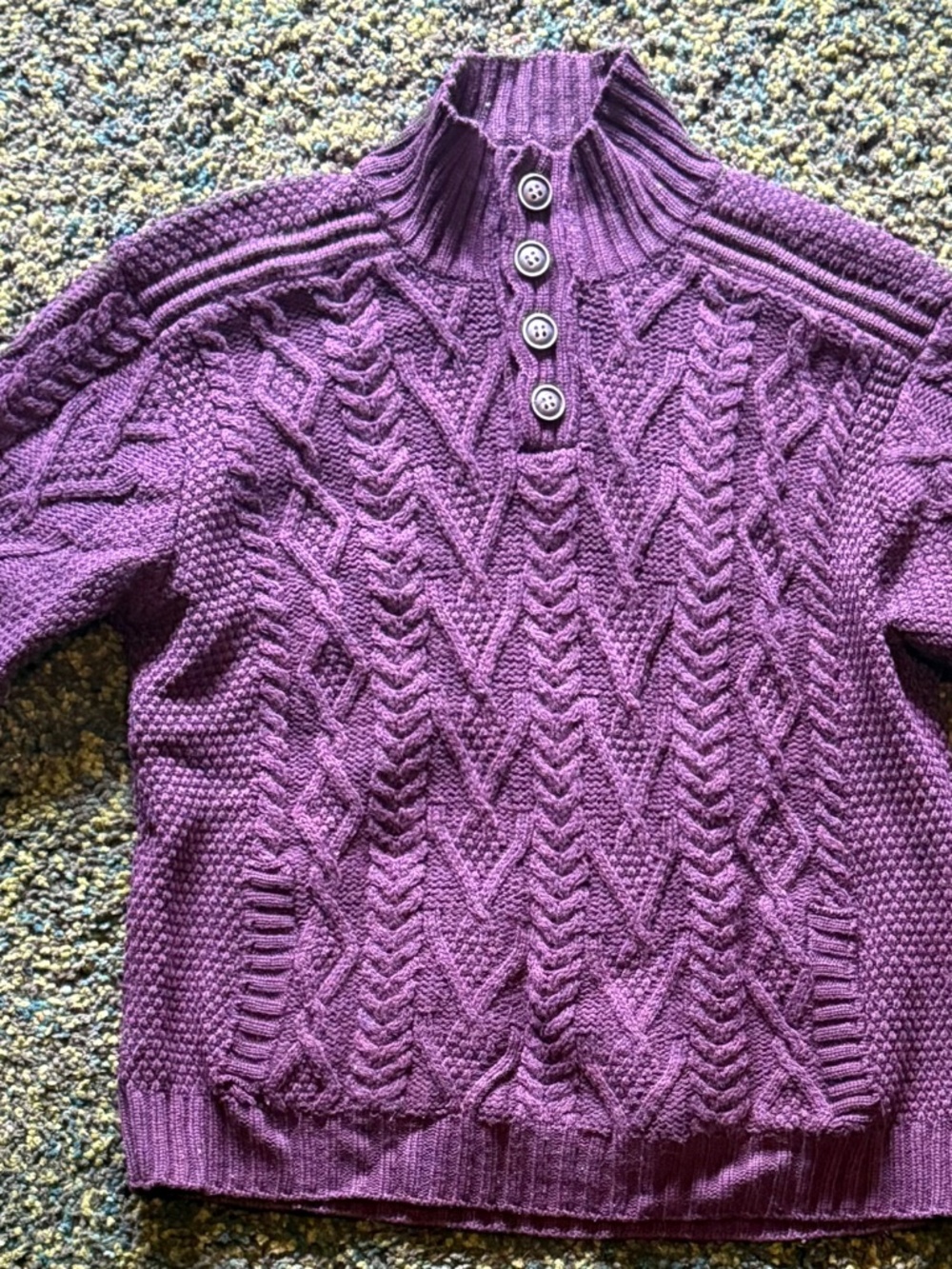 Aran Sweater Market Fisherman Buttoned Turtleneck Purple 100% Merino Wool